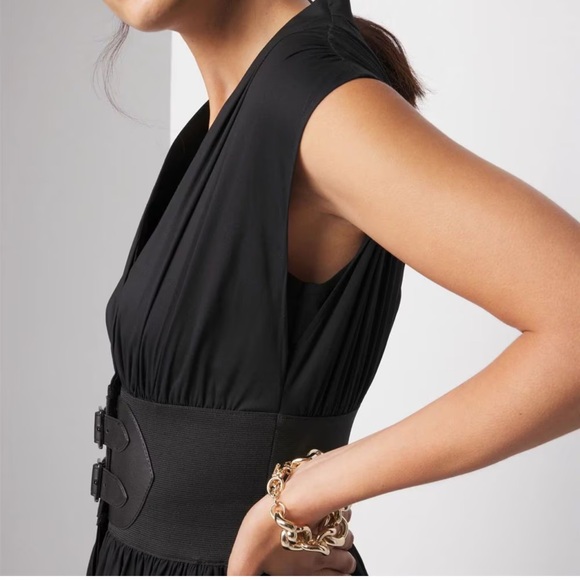 NEW WHBM $180 Elegant Black Midi Dress cap sleeves belted poplin dress size 18 - Picture 4 of 12